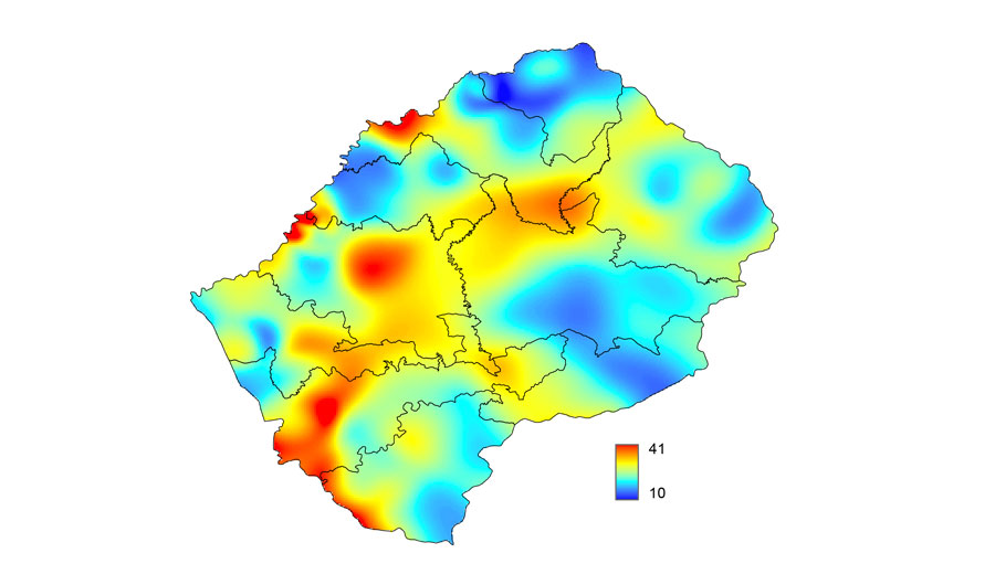 Heat map of HIV prevelance in Lesotho. 