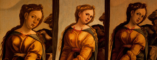 Three panels showing the same portrait with minor differences. 