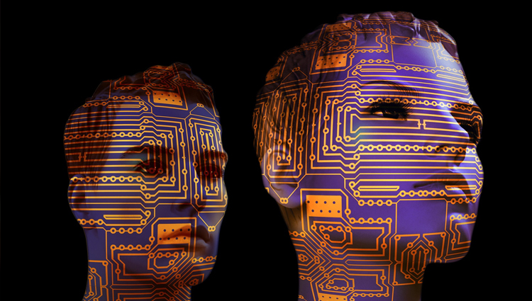 Two busts with printed circuits projected onto the face.