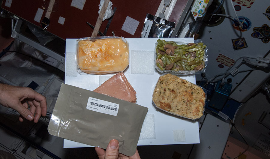 NASA astronaut Michael Hopkins' Thanksgiving meal on November 28, 2013. Image from aboard the International Space Station.
