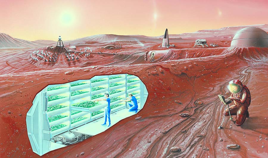 Artist's concept of possible colonies on future Mars missions.