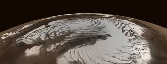 The north pole of Mars according to Mars Global Surveyor data.