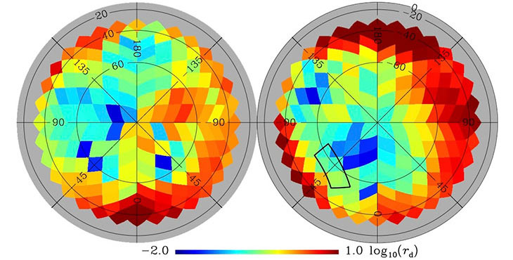 Planck's latest map of the full sky shows higher (red) and lower (blue) concentrations of interstellar dust. 
