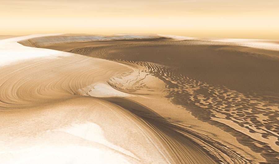 A simulated view of Chasma Boreale, a Martian canyon near the north polar cap.
