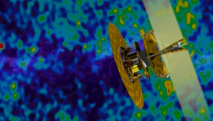 Wilkinson Microwave Anisotropy Probe superimposed over a visualization of cosmic microwave background radiation