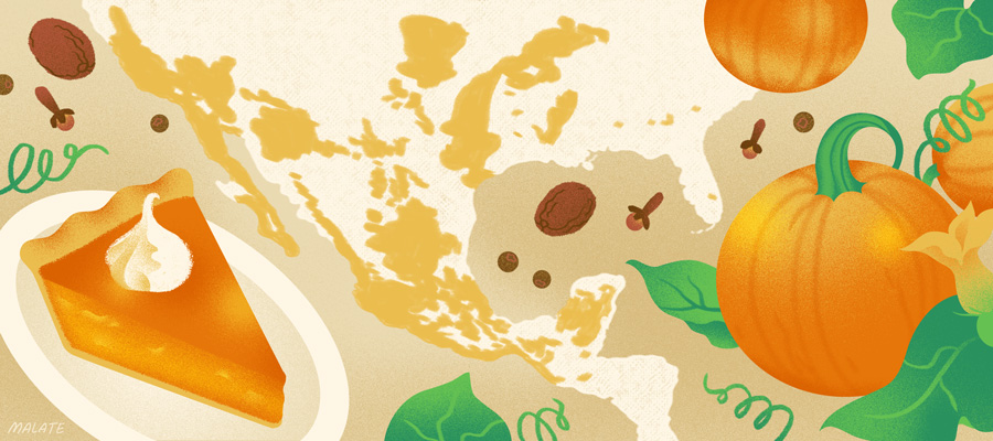 Illustration of pumpkin pie, and a map of pumpkin's natural range.