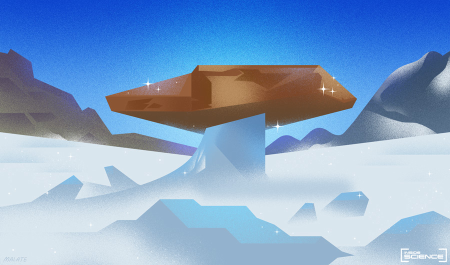 An illustration shows a brown rock poised atop a narrow pillar of ice that extends up from a glacier, with mountain peaks in the background.