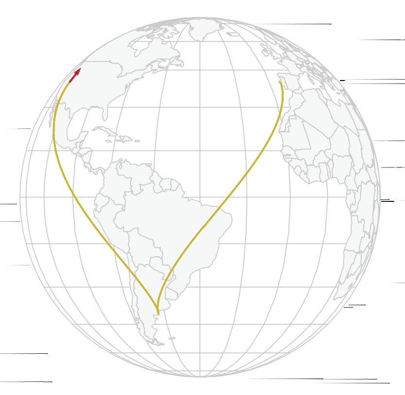 Lines show the trajectory of a hockey puck on a spherical Earth