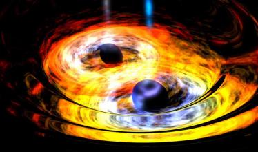 An illustration of two black holes merging, surrounded in hot yellow light.