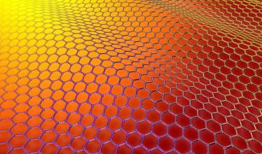 Conceptual art showing graphene's molecular structure on an orange background.