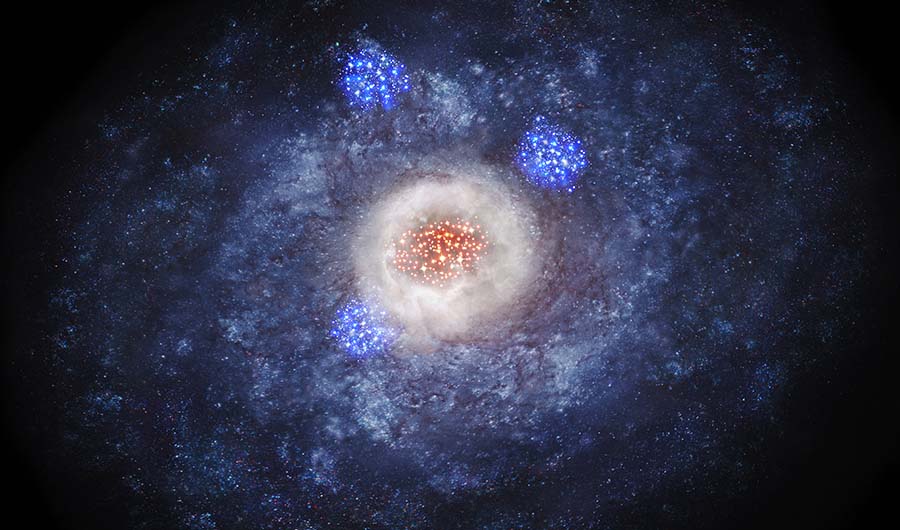 glittering artist’s impression of a disk galaxy transforming into an elliptical galaxy