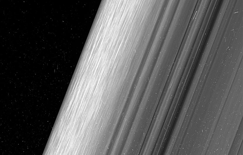 Saturn’s outer B ring shows a dusting of stellar objects visible through the planet's rings