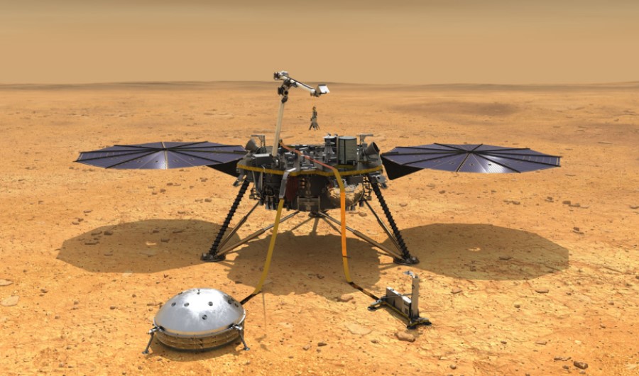 An artist's concept of the InSight lander as it might look on the surface of Mars.