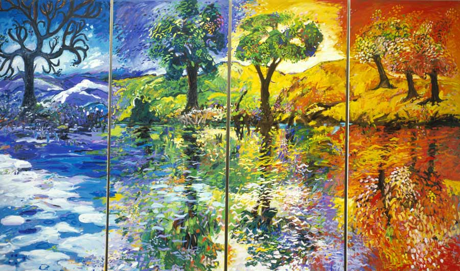 Four-panel oil painting of a stand of trees in each of the four seasons. 