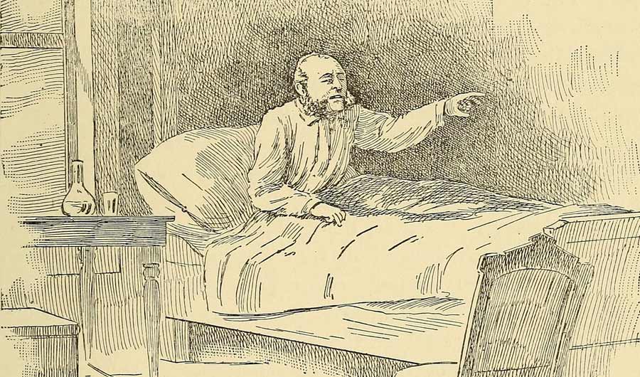 Woodcut of man sitting up in bed with eyes closed and arm outstretched,