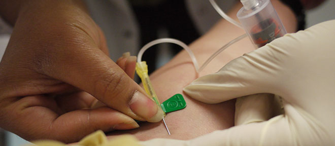 Canula being inserted into a vein. 