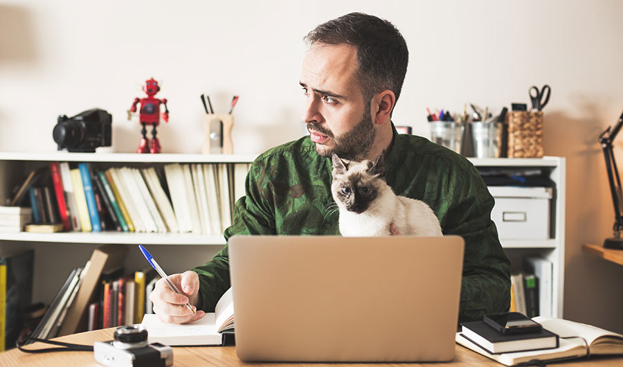 Bearded man in home office with cat.