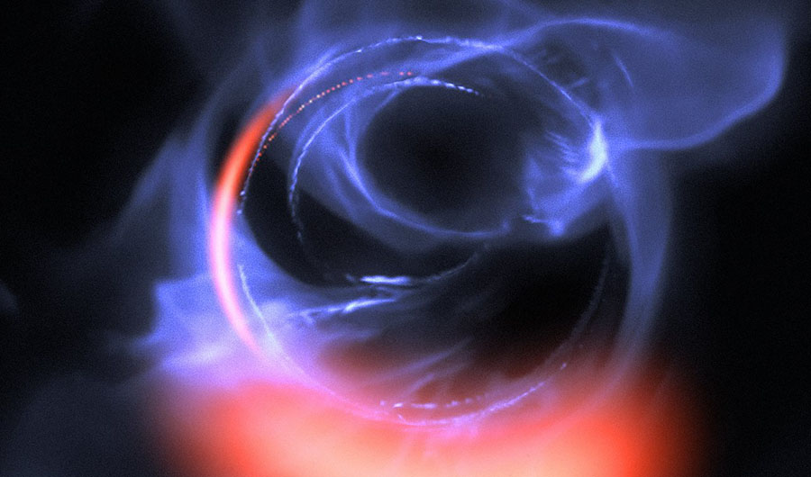 A simulation of ghostly gases swirling around a black hole.
