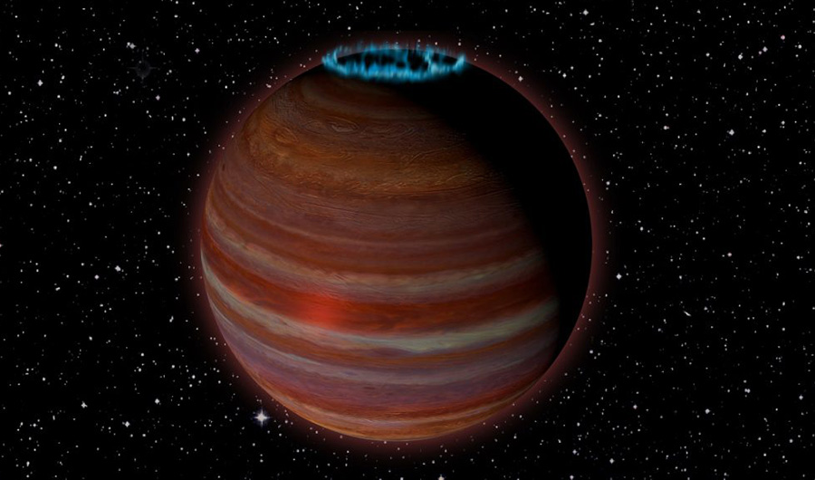 An illustration of an exoplanet 20 light-years away, with a mass 12.7 times the mass of Jupiter.
