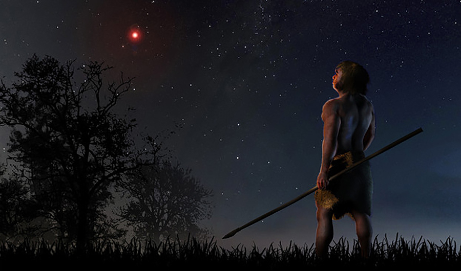 In this illustration, the artist imagines an ancient man gazing upon Scholz's star as it visited our solar system 70,000 years ago.