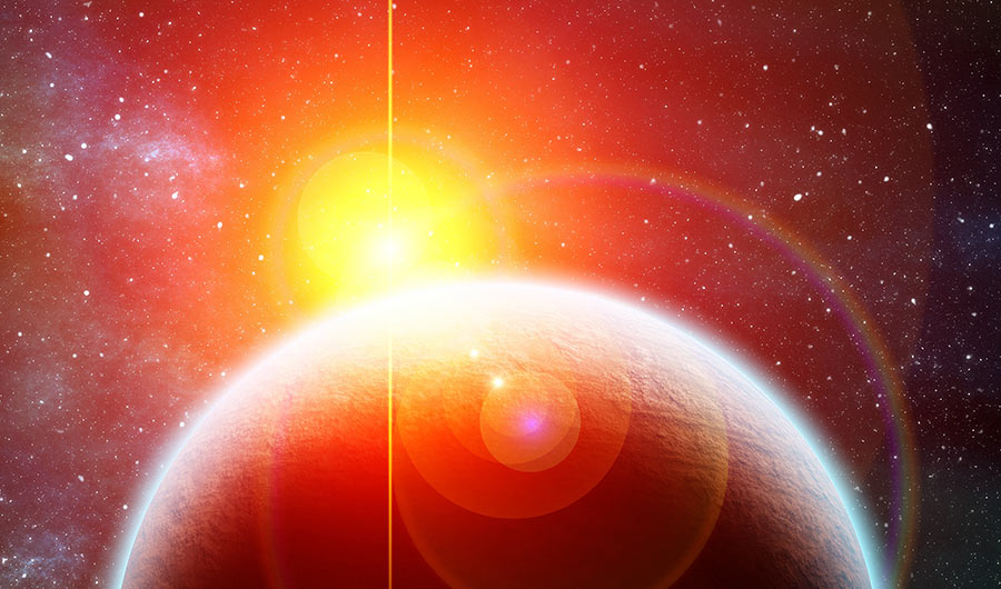 Illustration of a planet orbiting a red dwarf star