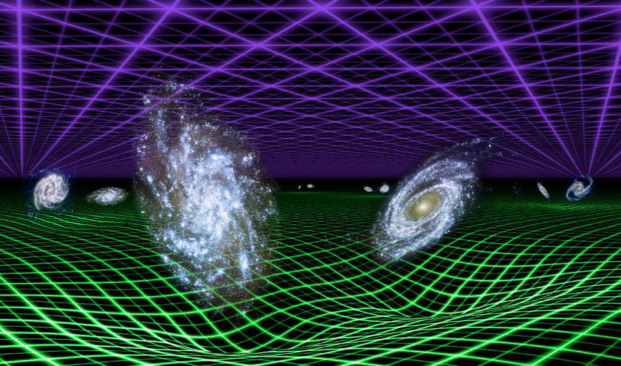 An artist's conception of our universe, where gravity (the green grid) is trying to keep everything together and a mysterious dark energy (the purple grid) is trying to tear everything apart.