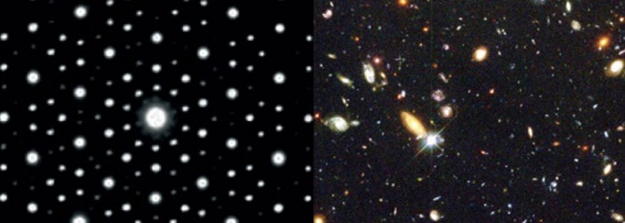 diffraction pattern for quasicrystals (left) and a galaxy-filled image from the Hubble Deep Field (right) 