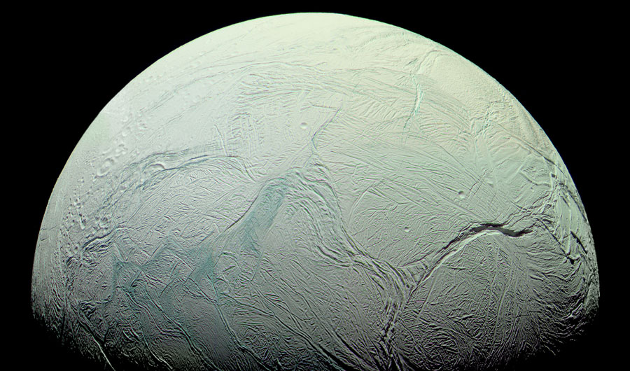 Saturn's moon Enceladus in infrared, green and ultraviolet light. 