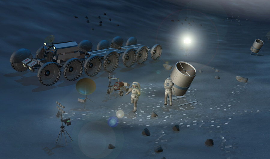 Artist drawing of astronauts setting up lunar telescopes
