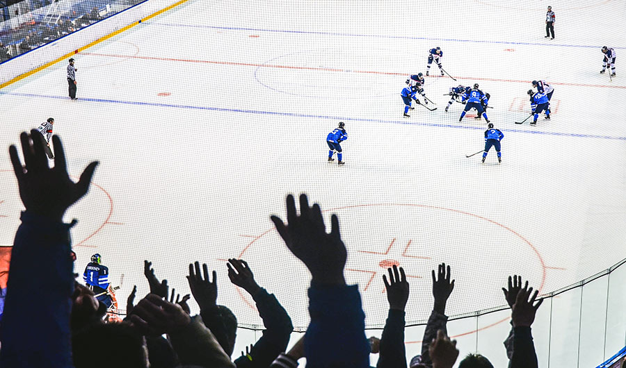 Fans in foreground with raised hands, with hockey players and officials on the ice below.