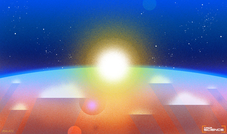 Abstract illustration of a sunrise or sunset over the Earth, with blues and oranges and pink.