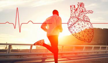 Man running at sunset with overlaid image of heart and EKG.