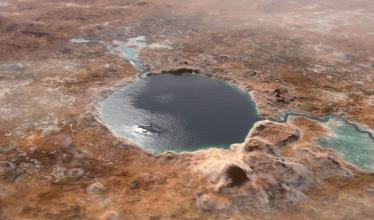 An artist's representation of a water-filled crater on ancient Mars.