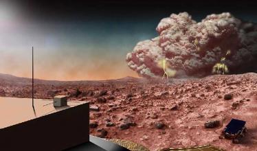 A dust storm lingers over dull red Martian soil, as a rover sits in the foreground of the image