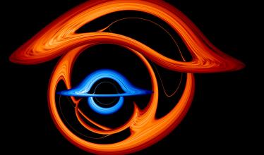 A visualization of one black hole passing in front of another. The image shows a series of distorted red-orange arcs that represent the tangled fabric of space and time.