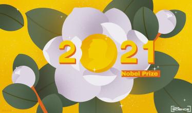 Flowers and leaves with text saying 2021 Nobel Prize, with Zero replaced with an image of a medal.
